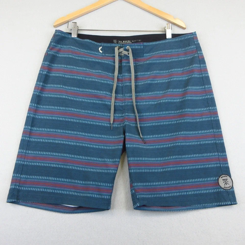 Roark Board Shorts Mens 36 Revival Teal Blue Striped Stretch Surf Swim Skate